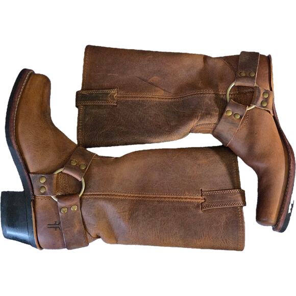 EUC Frye Tan Leather Harness 12R Mid Calf Square Toe Boots Engineer Biker 6M - Picture 14 of 16